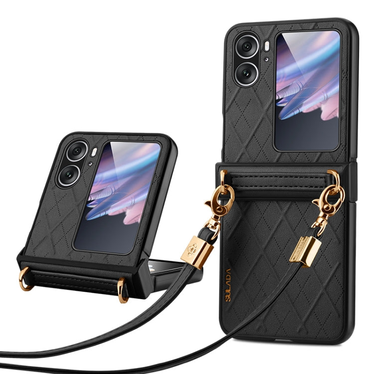 For OPPO Find N2 Flip SULADA Elegant Rhombic Texture Folding Phone Case with Lanyard(Black)