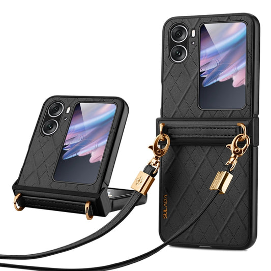 For OPPO Find N2 Flip SULADA Elegant Rhombic Texture Folding Phone Case with Lanyard(Black)