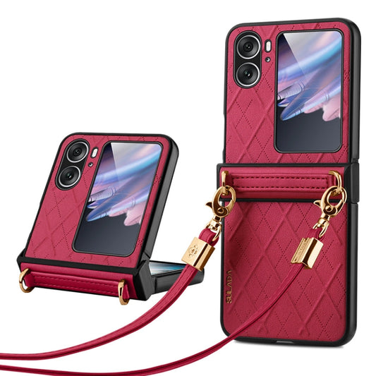 For OPPO Find N2 Flip SULADA Elegant Rhombic Texture Folding Phone Case with Lanyard(Red)