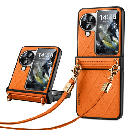 For OPPO Find N3 Flip SULADA Elegant Rhombic Texture Folding Phone Case with Lanyard(Orange)