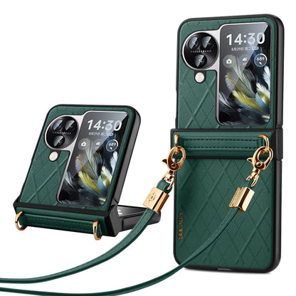 For OPPO Find N3 Flip SULADA Elegant Rhombic Texture Folding Phone Case with Lanyard(Green)