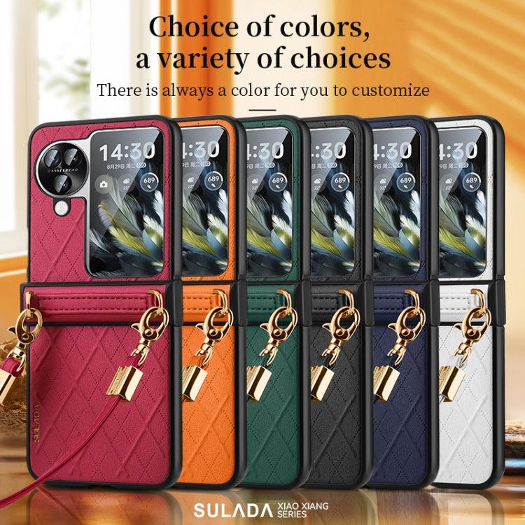 For OPPO Find N3 Flip SULADA Elegant Rhombic Texture Folding Phone Case with Lanyard(Green)
