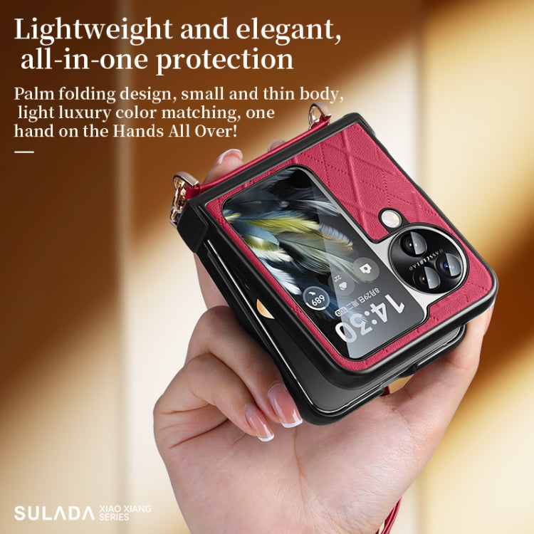 For OPPO Find N3 Flip SULADA Elegant Rhombic Texture Folding Phone Case with Lanyard(Green)