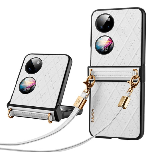 Pour Huawei P50 Pocket SULADA Étui de téléphone pliant élégant à texture rhomboïde avec cordon (blanc)