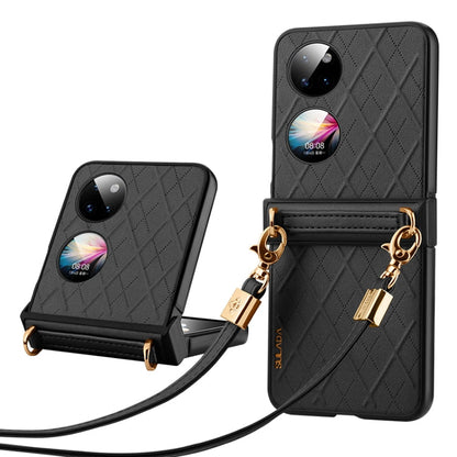 For Huawei P50 Pocket SULADA Elegant Rhombic Texture Folding Phone Case with Lanyard(Black)
