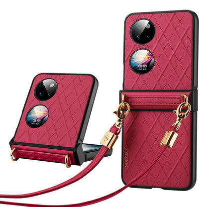 Pour Huawei P50 Pocket SULADA Étui de téléphone pliable avec texture rhomboïde élégante avec lanière (rouge)
