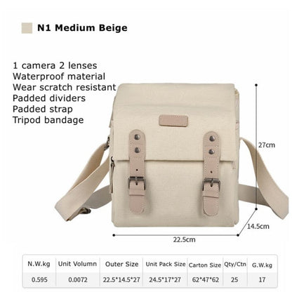 Cwatcun N1 Retro Multifunctional Canvas Waterproof Digital Camera Photography Bag, Size:22.5 x 14.5 x 27cm Beige