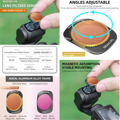 For DJI OSMO Pocket 3 Sunnylife Camera Lens Magnetic Metal Filter, Filter:3 in 1 CPL ND8/16