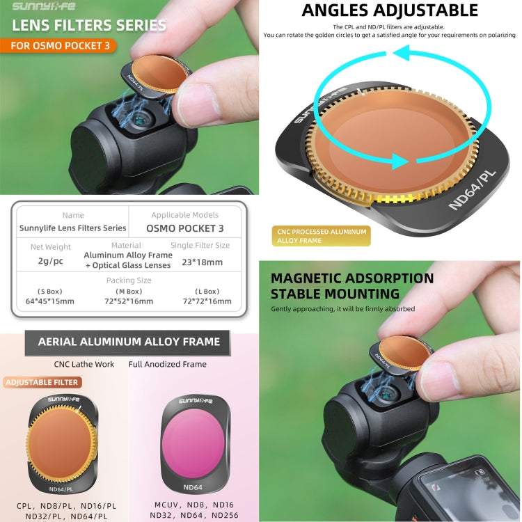 For DJI OSMO Pocket 3 Sunnylife Camera Lens Magnetic Metal Filter, Filter:ND64PL