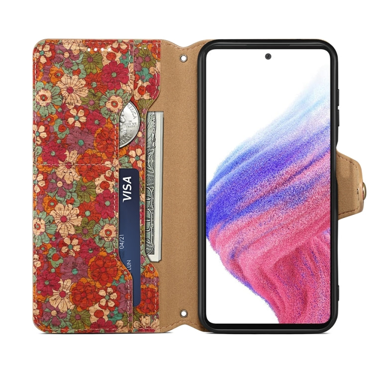 Pour Samsung Galaxy S23+ Denior Flower Language Series Coque de téléphone en liège avec bord huilé en cuir (Été)