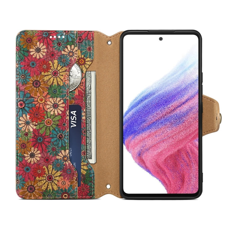 Pour Samsung Galaxy A53 5G Étui de téléphone en cuir avec bord huilé en liège de la série Denior Flower Language (Printemps)