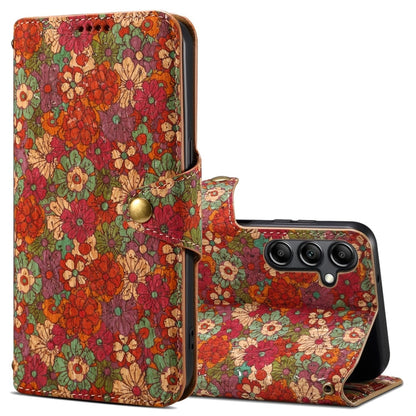 Pour Samsung Galaxy A13 5G Étui de téléphone en cuir avec bord huilé en liège Denior Flower Language Series (été)