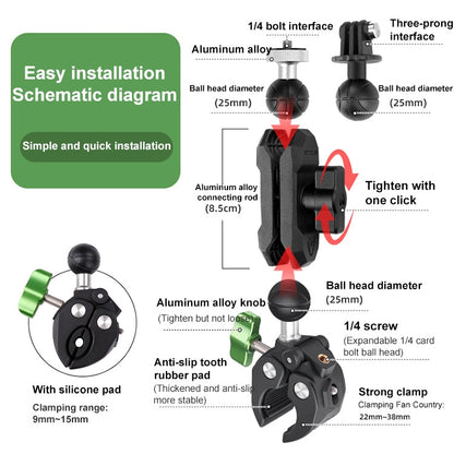 Support de caméra d'action RUIGPRO Crab Clamp Tête sphérique 1/4 avec pince de téléphone