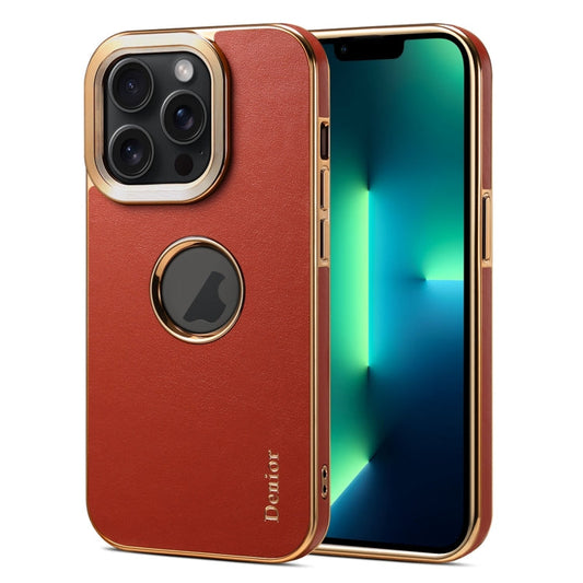 Pour iPhone 13 Pro Max - Étui de téléphone Denior en cuir de veau texturé avec placage électrolytique (rouge marron)