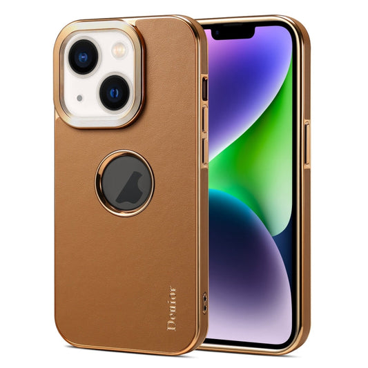 Pour iPhone 14 / 13 Étui de téléphone portable Denior avec texture de veau parfumée et galvanoplastie (Kaki)