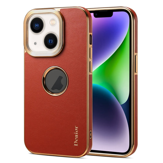 Pour iPhone 14 Plus Denior Coque de téléphone en placage à texture veau parfumé (rouge marron)