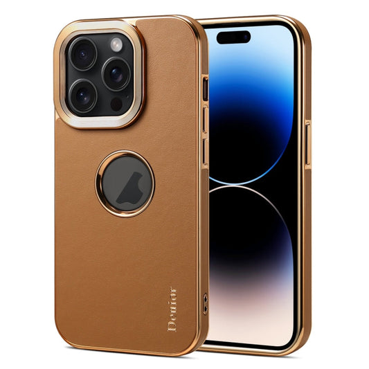 Pour iPhone 14 Pro Coque de téléphone galvanisée Denior en cuir de veau texturé (Kaki)