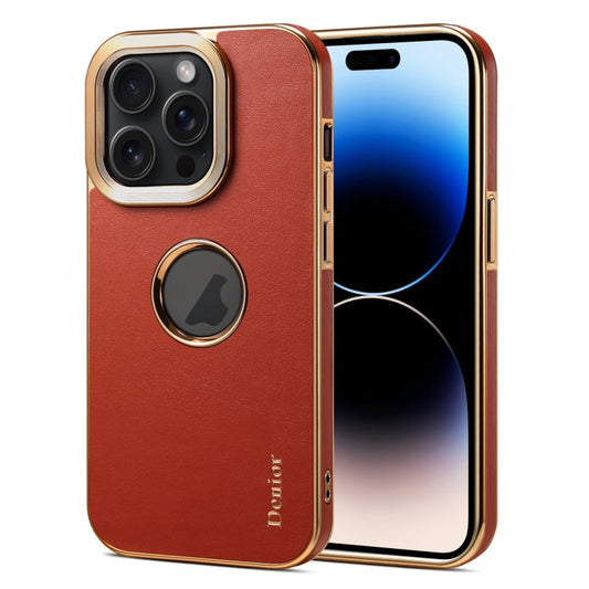 Pour iPhone 14 Pro Max Coque de téléphone Denior en simili cuir de veau texturé avec placage électrolytique (rouge marron)