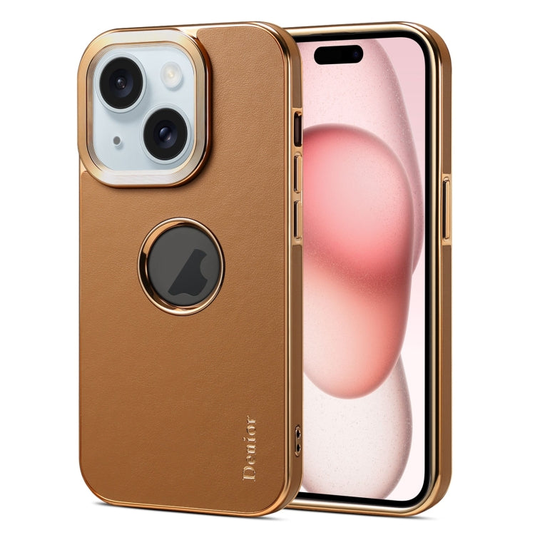 For iPhone 15 Plus Denior Fragrant Calf Texture Electroplating Phone Case(Khaki)