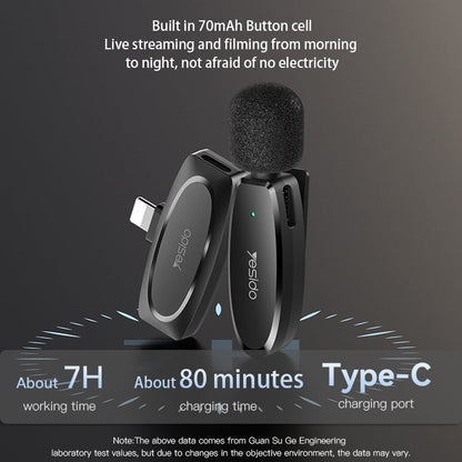 YESIDO KR11 Low-latency Wireless Lavalier Microphone with Type-C Receiver(Black)