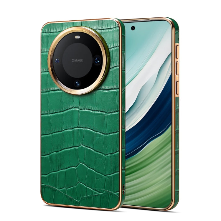 For Huawei Mate 60 Denior Crocodile Texture Genuine Leather Electroplating Phone Case(Green)