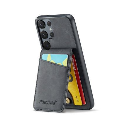 For Samsung Galaxy S24 Ultra 5G Fierre Shann Crazy Horse Card Holder Back Cover PU Phone Case(Black)