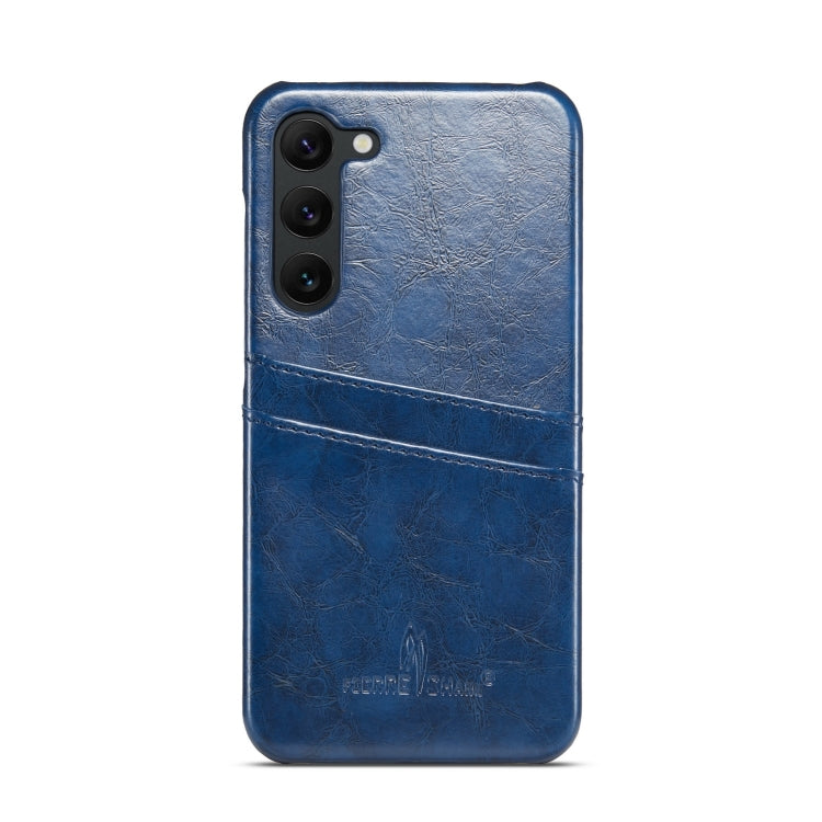 Pour étui de téléphone en cuir avec fentes pour cartes à texture de cire d'huile Fierre Shann pour Samsung Galaxy S24+ 5G (Bleu)
