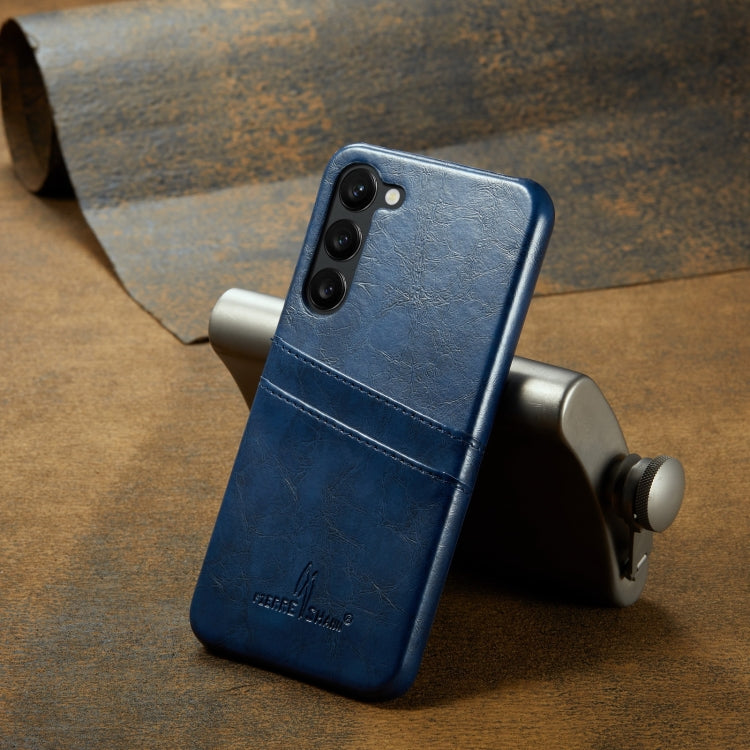 Pour étui de téléphone en cuir avec fentes pour cartes à texture de cire d'huile Fierre Shann pour Samsung Galaxy S24+ 5G (Bleu)