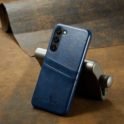 Pour étui de téléphone en cuir avec fentes pour cartes à texture de cire d'huile Fierre Shann pour Samsung Galaxy S24+ 5G (Bleu)