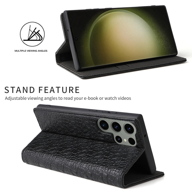 Pour Samsung Galaxy S24 Ultra 5G Fierre Shann Étui de Téléphone en Cuir Véritable à Texture Crocodile Magnétique (Noir)