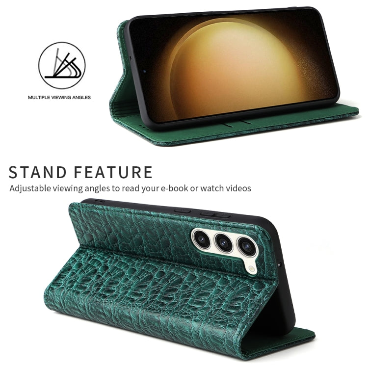 Pour Samsung Galaxy S24+ 5G, étui de téléphone en cuir véritable à texture crocodile avec aimant Fierre Shann (vert)