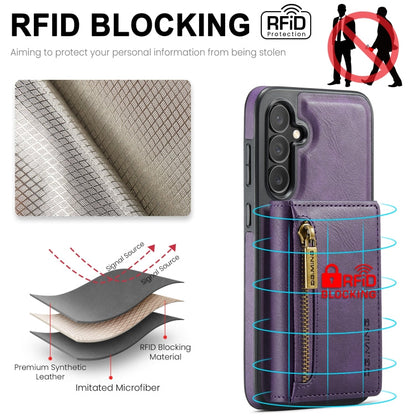 Pour Samsung Galaxy S24 FE 5G DG.MING M5 Series Étui de téléphone en cuir détachable avec fermeture éclair et RFID multi-cartes (violet)