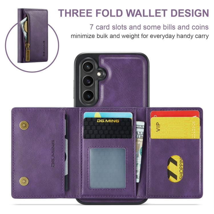 Pour Samsung Galaxy S24 FE 5G DG.MING M5 Series Étui de téléphone en cuir détachable avec fermeture éclair et RFID multi-cartes (violet)