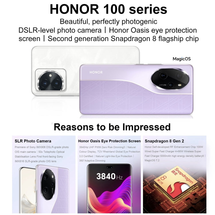 Honor 100 Pro, 12GB+256GB, Screen Fingerprint Identification, 6.78 inch MagicOS 7.2 Snapdragon 8 Gen 2 Octa Core up to 3.19GHz, Network: 5G, NFC, OTG, Support Google Play(White)
