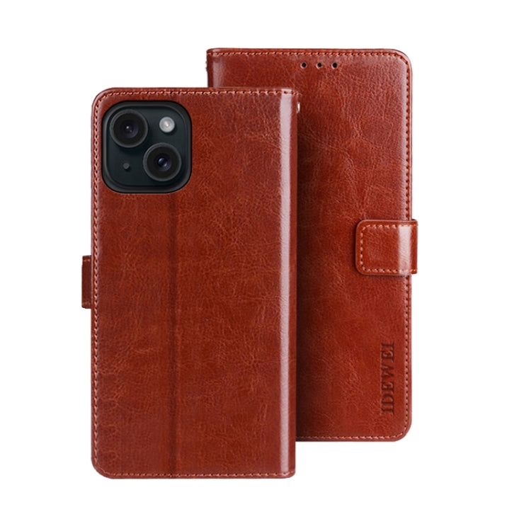 Pour iPhone 15 Plus Étui de téléphone en cuir idewei Texture Crazy Horse avec support (Marron)