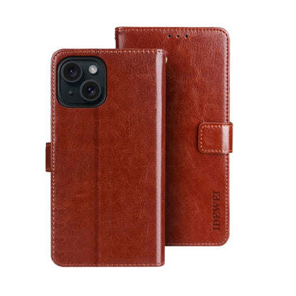 Pour iPhone 15 Plus Étui de téléphone en cuir idewei Texture Crazy Horse avec support (Marron)