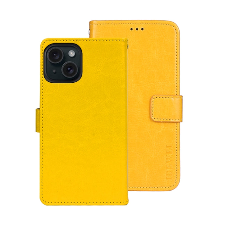 Pour iPhone 15 Coque de Téléphone en Cuir Texture Crazy Horse Idewei avec Support (Jaune)