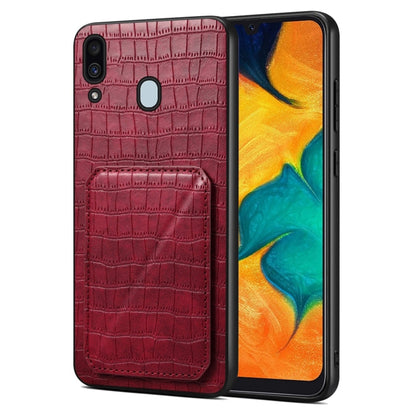 Pour Samsung Galaxy A20 / A30 Étui de téléphone arrière en simili cuir de crocodile Denior avec support (Rouge rose)
