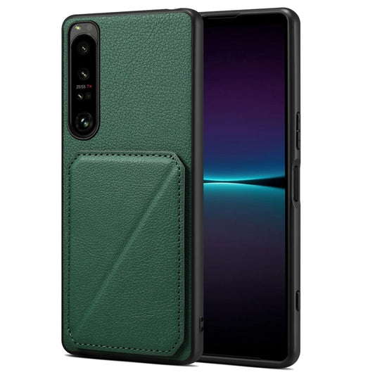 Pour coque de téléphone arrière en cuir de veau imitation Denior avec support pour Sony Xperia 1 IV (vert)
