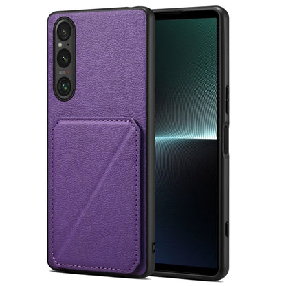 For Sony Xperia 1 V Denior Imitation Calf Leather Back Phone Case with Holder(Purple)