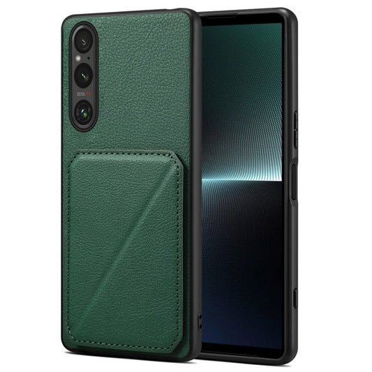 Pour Sony Xperia 1 V Coque arrière en similicuir grainé avec support (Vert)