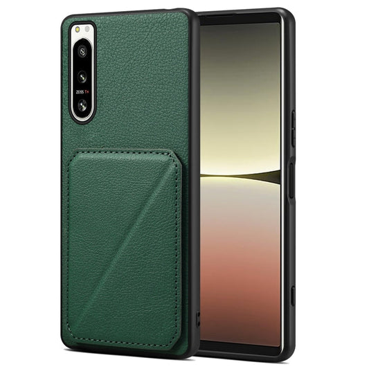 Pour Sony Xperia 5 IV Étui de téléphone arrière en cuir de veau d'imitation Denior avec support (vert)