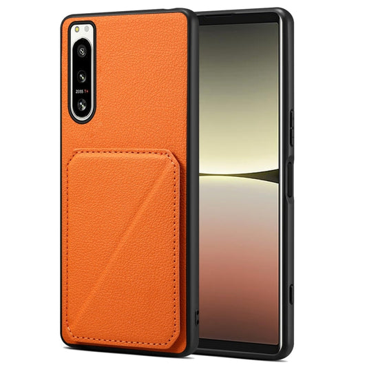 Pour Sony Xperia 5 IV Étui de téléphone arrière en cuir de veau imitation Denior avec support (Orange)