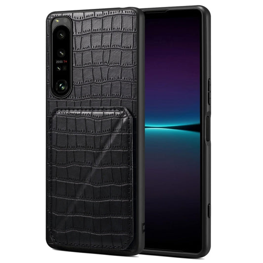 Pour coque de téléphone arrière en cuir imitation crocodile Denior avec support pour Sony Xperia 1 IV (noir)