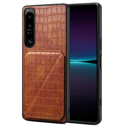 Pour étui de téléphone arrière en cuir imitation crocodile Denior avec support pour Sony Xperia 1 IV (marron)