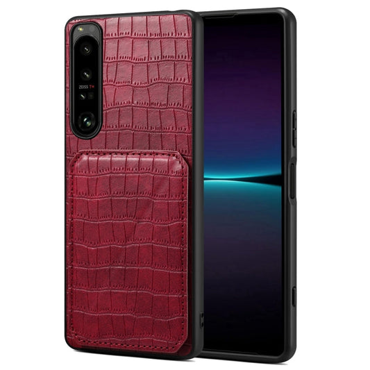 Pour Sony Xperia 1 IV Coque arrière de téléphone en similicuir crocodile Denior avec support (Rouge Rose)
