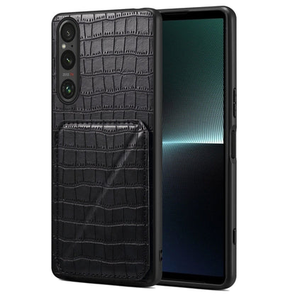 For Sony Xperia 1 V Denior Imitation Crocodile Leather Back Phone Case with Holder(Black)