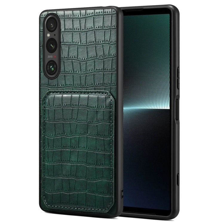 Pour Sony Xperia 1 V Coque arrière de téléphone en similicuir de crocodile Denior avec support (vert)