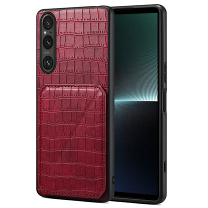 Pour Sony Xperia 1 V Coque de téléphone arrière en cuir imitation crocodile Denior avec support (Rose Rouge)
