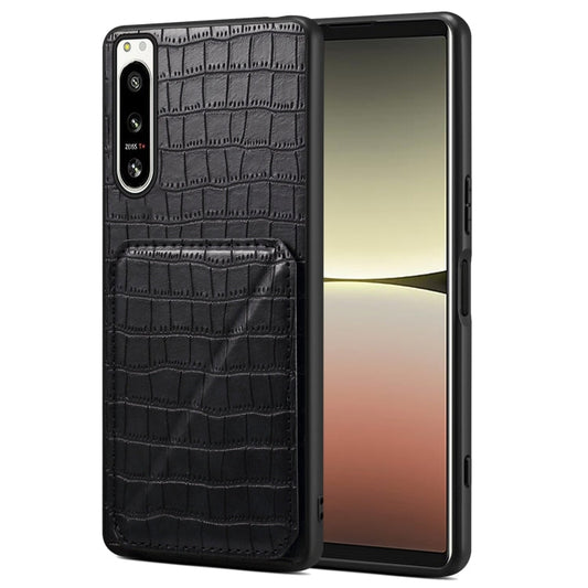 Pour Sony Xperia 5 IV Étui de téléphone en cuir imitation crocodile Denior avec support (noir)